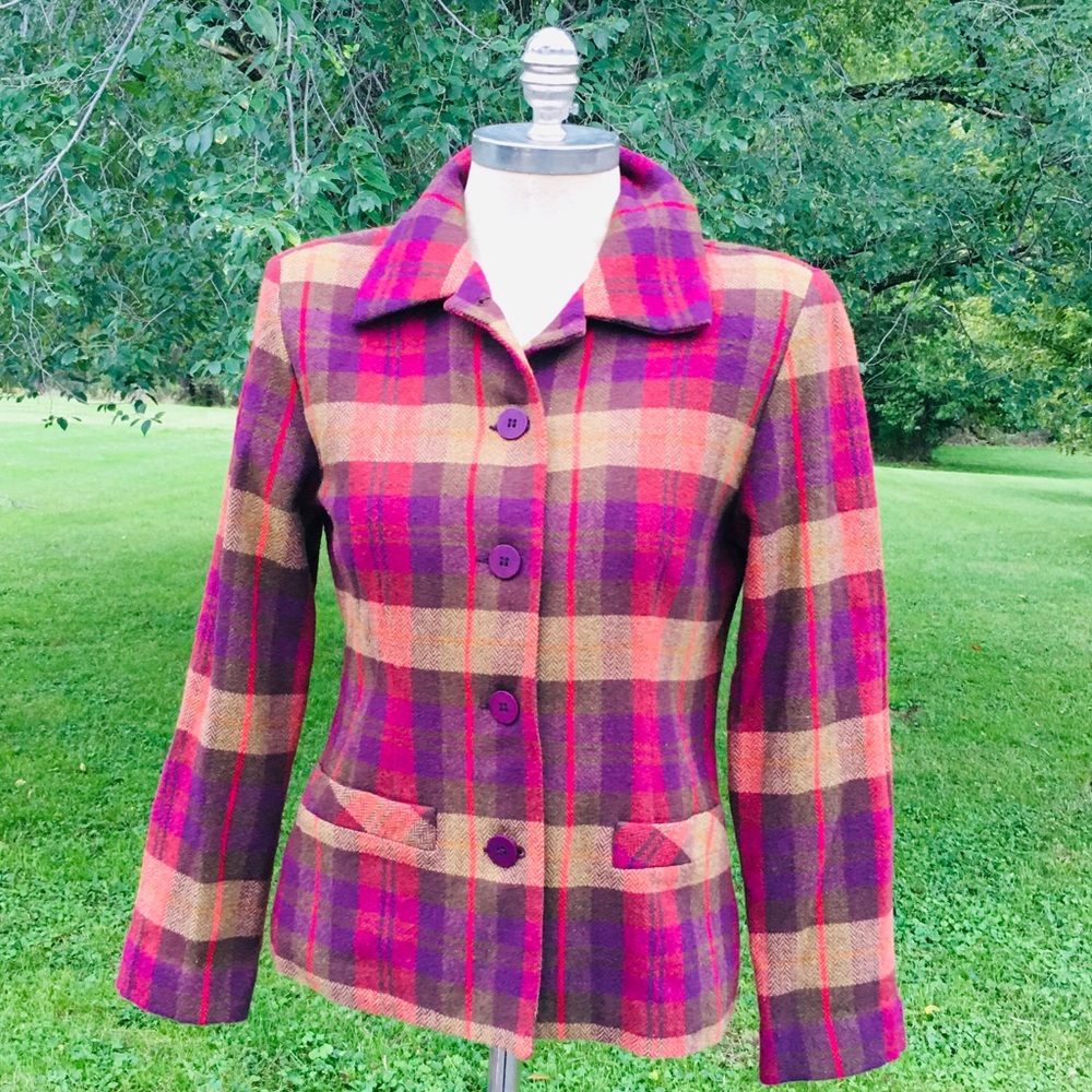 NY & CO Autumn Colors Plaid Button Down Blazer Jacket Lined Medium Wool Blend